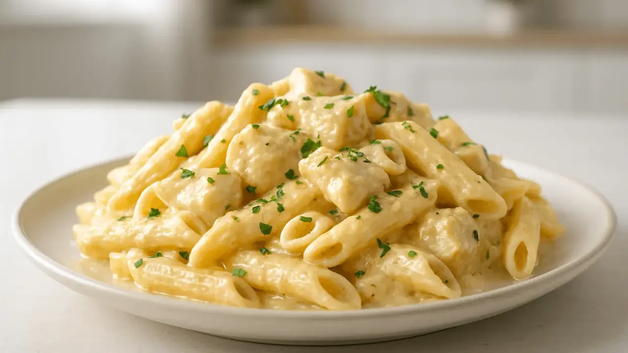 Penne z kawałkami kurczaka w kremowym sosie serowym, posypane natką pietruszki. Pyszne danie, które z pewnością zadowoli każdego miłośnika kurczaka w sosie serowym.