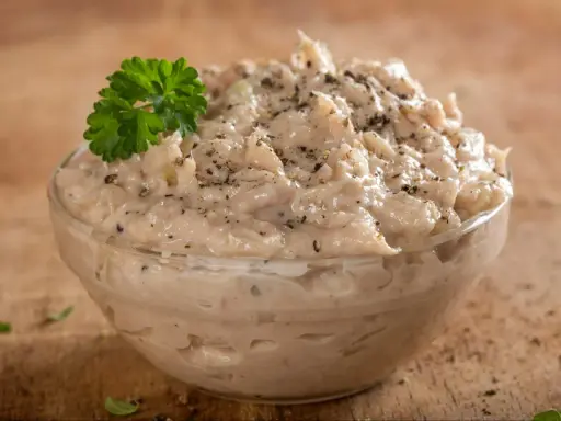 Pyszna pasta z tuńczyka w szklanej miseczce, posypana pieprzem i udekorowana natką pietruszki. Idealna na kanapki.