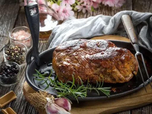 Rozpływająca się karkówka z piekarnika, soczysta i aromatyczna, podana z rozmarynem i czosnkiem. Idealna na rodzinny obiad.