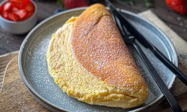 Puszysty omlet, idealny na śniadanie. Ten puszysty omlet, posypany cukrem pudrem, wygląda jak marzenie. Przepis na niego jest prosty!