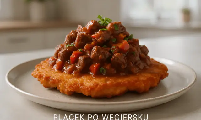 Sycący placek po węgiersku, polany gęstym gulaszem z mięsa i papryki, ozdobiony natką pietruszki.