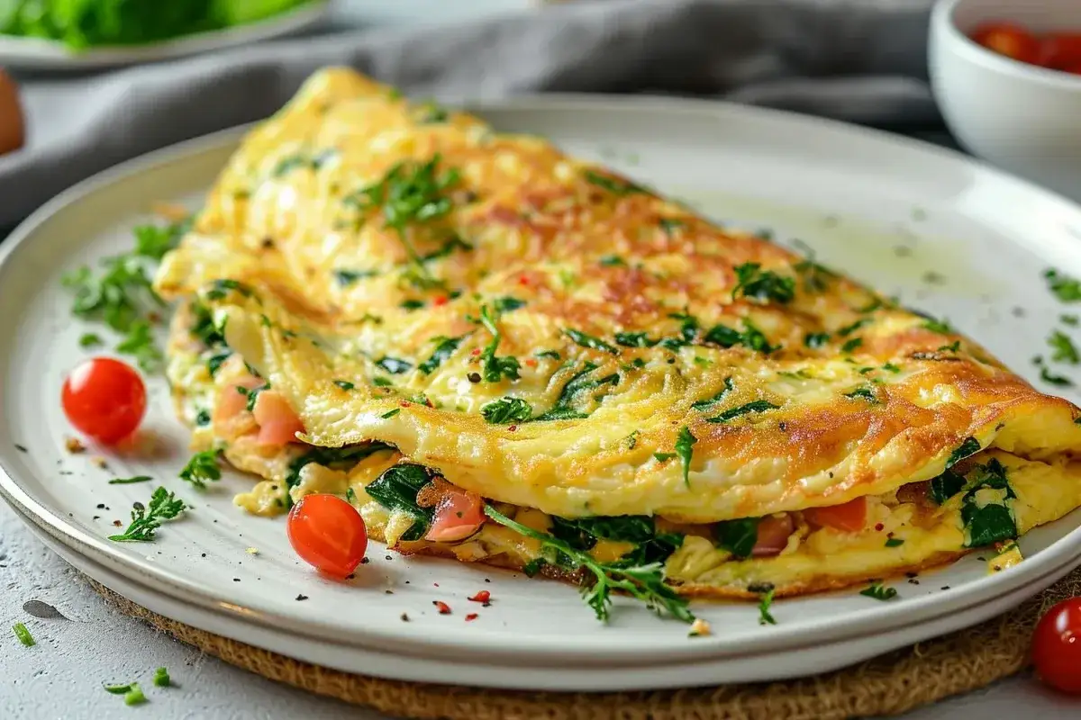 Złocisty omlet z serka wiejskiego, wypełniony szpinakiem i pomidorkami, posypany świeżą natką. Pyszne śniadanie.